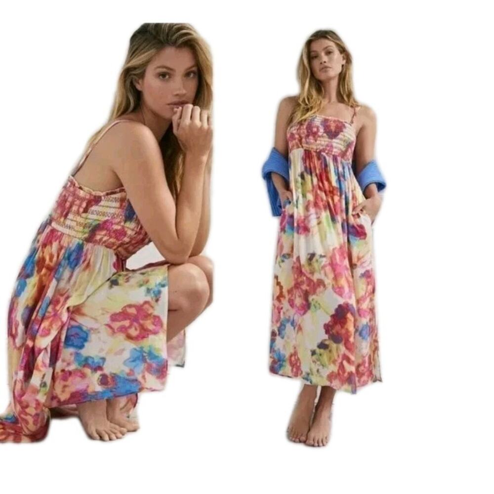 Anthropologie Floral Watercolor Midi Dress - Pink, Blue, Yellow